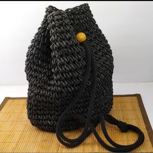 EUC Jennifer Moore Dark Gray/Black Woven Drawstring BoHo Bucket Sling Style Bag